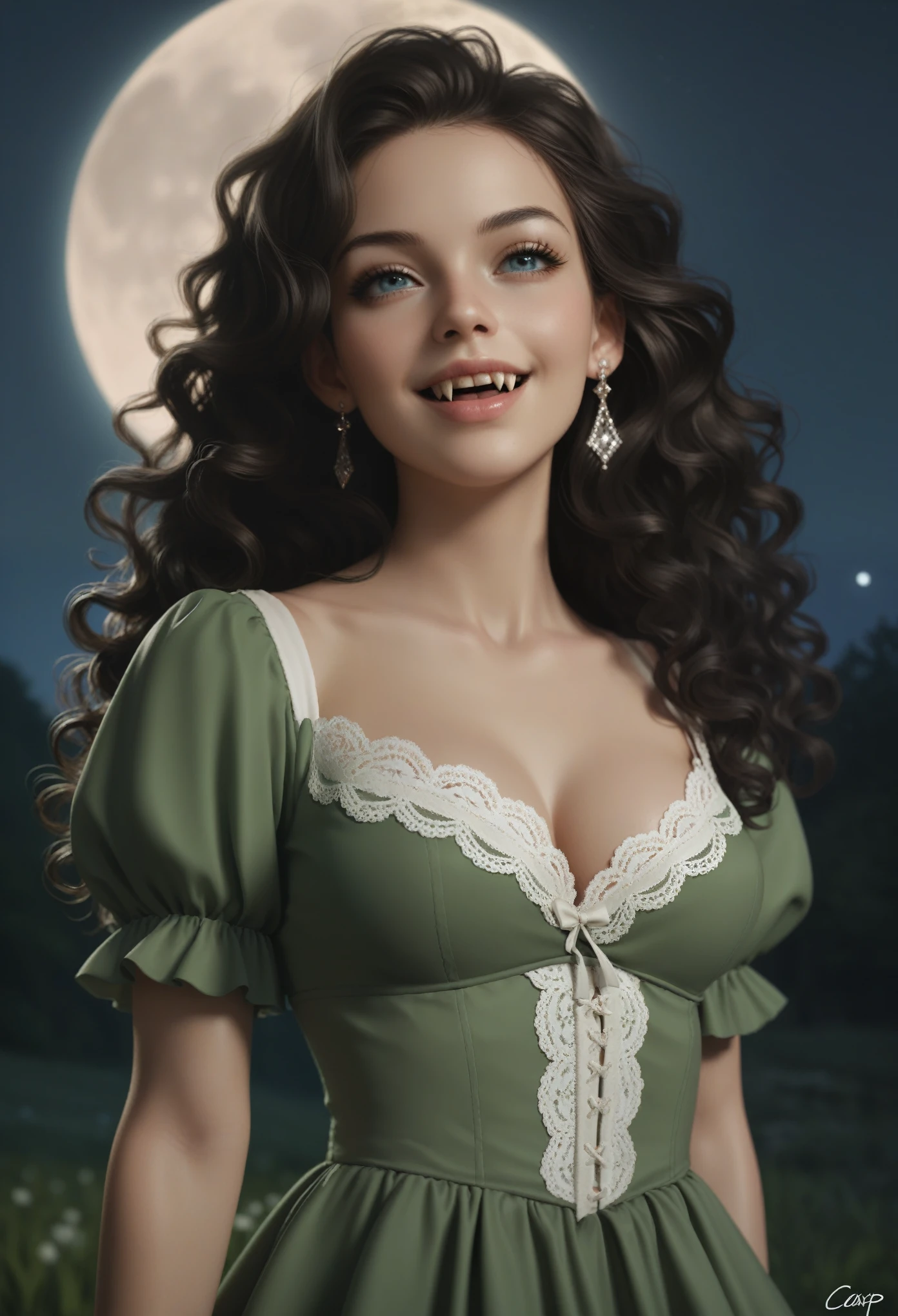 score_9, score_8_up, score_7_up, score_6_up, rating: safe, 1girl, solo, (black_hair:1.5), wavy_hair, jewelry, dress, blue_eyes, earrings, (long_hair:1.5), looking_at_viewer, curly_hair, upper_body, lips, lace, green_dress, (night:1.3), cxqz8r, medieval_dress, medieval_landscape, fullmoon, rpg, (_face:1.3), narrow_waist, (skinny:1.3), (pale_skin:1.2), open_mouth, parted_lips, (oral_invitation:1.2), (fangs:1.4), (torogao:1.2), fingersmile, (large_breasts:1.5), cleavage
