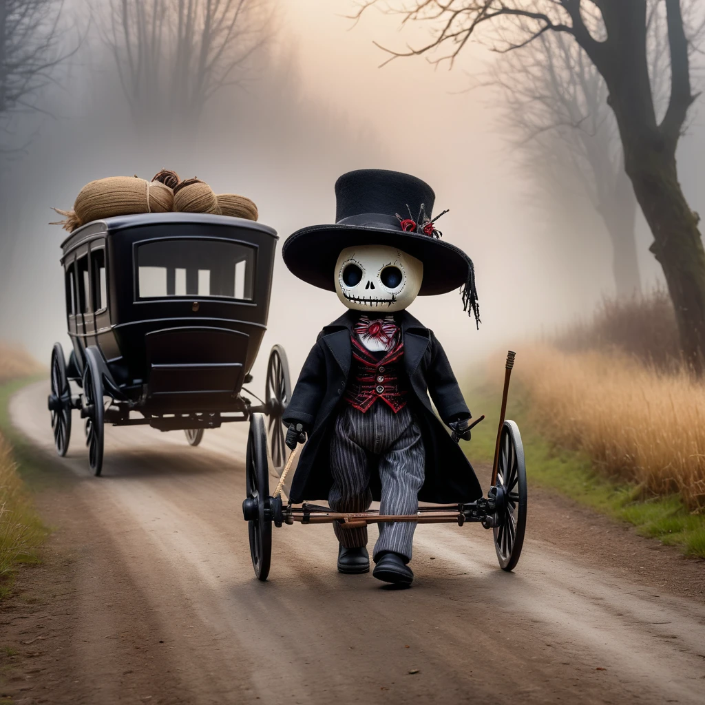 (knitted toy voodoo doll:1.2), (Voodoo Ghost Coachman:1.3), (clothes Black cloak, hat with fields, whip:1.0), (in the background Abandoned carriage, foggy road, shadows of trees:1.3), best quality, masterpiece, detailed soft oil painting, detailed background, dramatic cinematic lighting, soft edge lighting, professional, dramatic lighting, hard edge lighting, ultra quality, 4k, masterpiece, best quality, 8k, ultra high definition, high resolution, extremely detailed