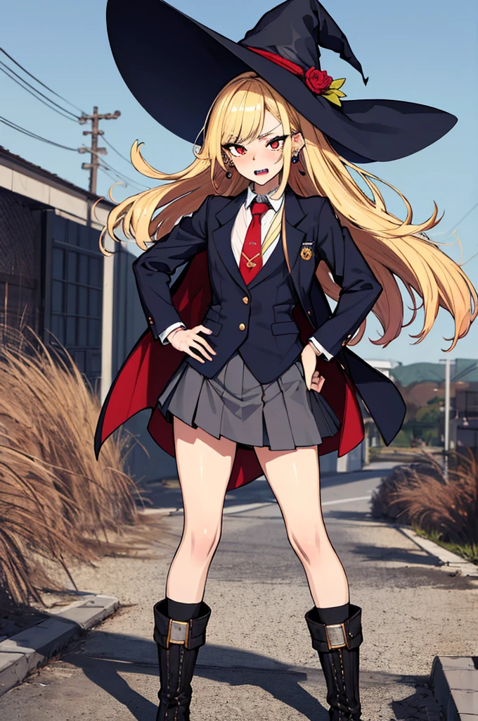 (absurdres, 8k, 4k, masterpiece, hyper extreme detailed:1.2), solo, perfect ???????, cowboy shot, 1girl, front view, perfect face, 1girl, portrait, standing, adult, adult female, mature, Female, Mature Female, very long hair, 8k uhd, 1girl, slender, cowboy shot, standing, full body, front view, red tie, night sky, moon, stockings, big witch hat, witch, blonde hair, piercings, earrings, detailed eyes, expressive eyes, colorful pupils, blazer, skirt, fang tooth, red eyes, earrings, hand on hip, flat chest, looking forward, front view, messy hair, wind, windy, moving hair, moving clothes, swept bangs, mature body, gyaru, crazy face, crazy eyes, disgusted, annoyed, colorful clothing, groan, military boots, perfect legs, reasonable height,