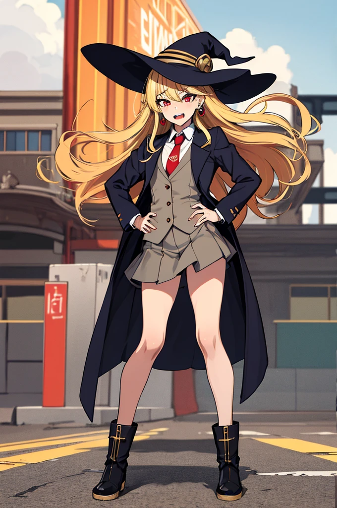 (absurdres, 8k, 4k, masterpiece, hyper extreme detailed:1.2), solo, perfect , cowboy shot, 1girl, front view, perfect face, 1girl, portrait, standing, adult, adult female, mature, Female, Mature Female, very long hair, 8k uhd, 1girl, slender, cowboy shot, standing, full body, front view, red tie, night sky, moon, stockings, big witch hat, witch, blonde hair, piercings, earrings, detailed eyes, expressive eyes, colorful pupils, blazer, skirt, fang tooth, red eyes, earrings, hand on hip, flat chest, looking forward, front view, messy hair, wind, windy, moving hair, moving clothes, swept bangs, mature body, gyaru, crazy face, crazy eyes, disgusted, annoyed, colorful clothing, groan, military boots, perfect legs, reasonable height, 