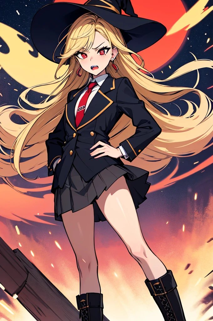 (absurdres, 8k, 4k, masterpiece, hyper extreme detailed:1.2), solo, perfect anatomy, cowboy shot, 1girl, front view, perfect face, 1girl, portrait, standing, adult, adult female, mature, Female, Mature Female, very long hair, 8k uhd, 1girl, slender, cowboy shot, standing, full body, front view, red tie, night sky, moon, stockings, big witch hat, witch, blonde hair, piercings, earrings, detailed eyes, expressive eyes, colorful pupils, blazer, skirt, fang tooth, red eyes, earrings, hand on hip, flat chest, looking forward, front view, messy hair, wind, windy, moving hair, moving clothes, swept bangs, mature body, gyaru, crazy face, crazy eyes, disgusted, annoyed, colorful clothing, groan, military boots, perfect legs, reasonable height,