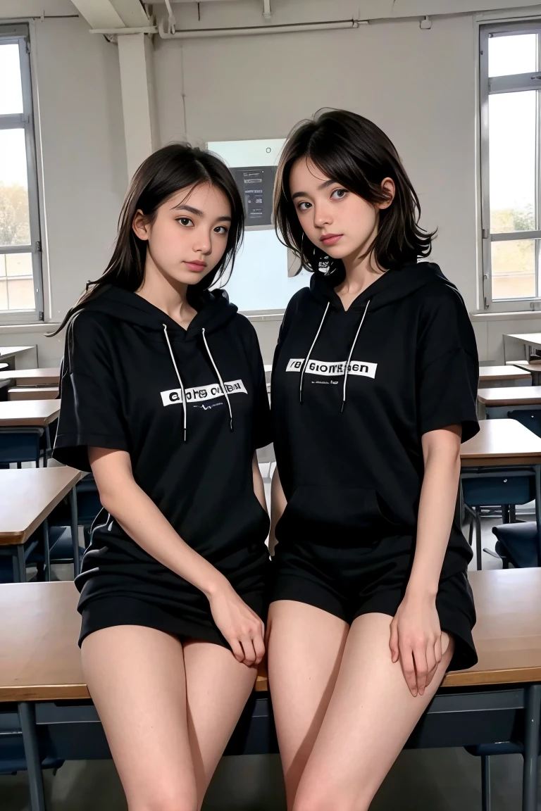 deux femmes ensemble de 18 ans sexy et mince , black short sleeve hoodie , salle de classe, se touche,position sey,sensuel