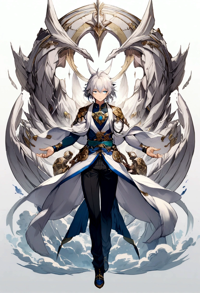 1 boy, white hair, blue eye, whole body