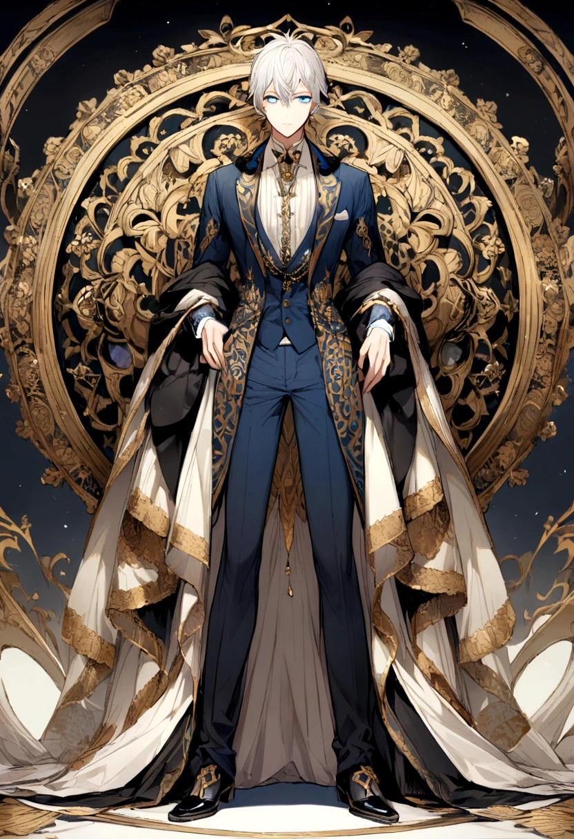1 boy, white hair, blue eye, whole body