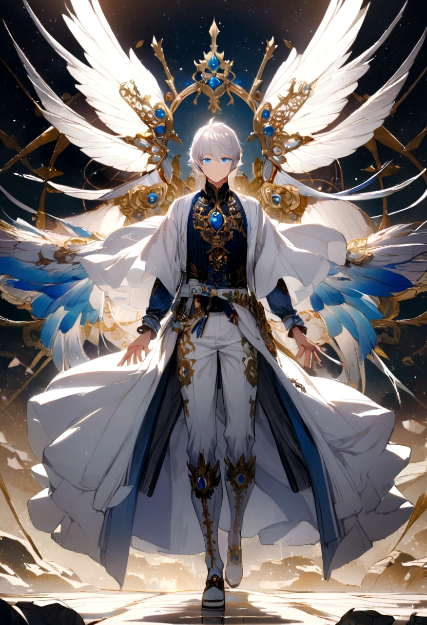 1 boy, white hair, blue eye, whole body