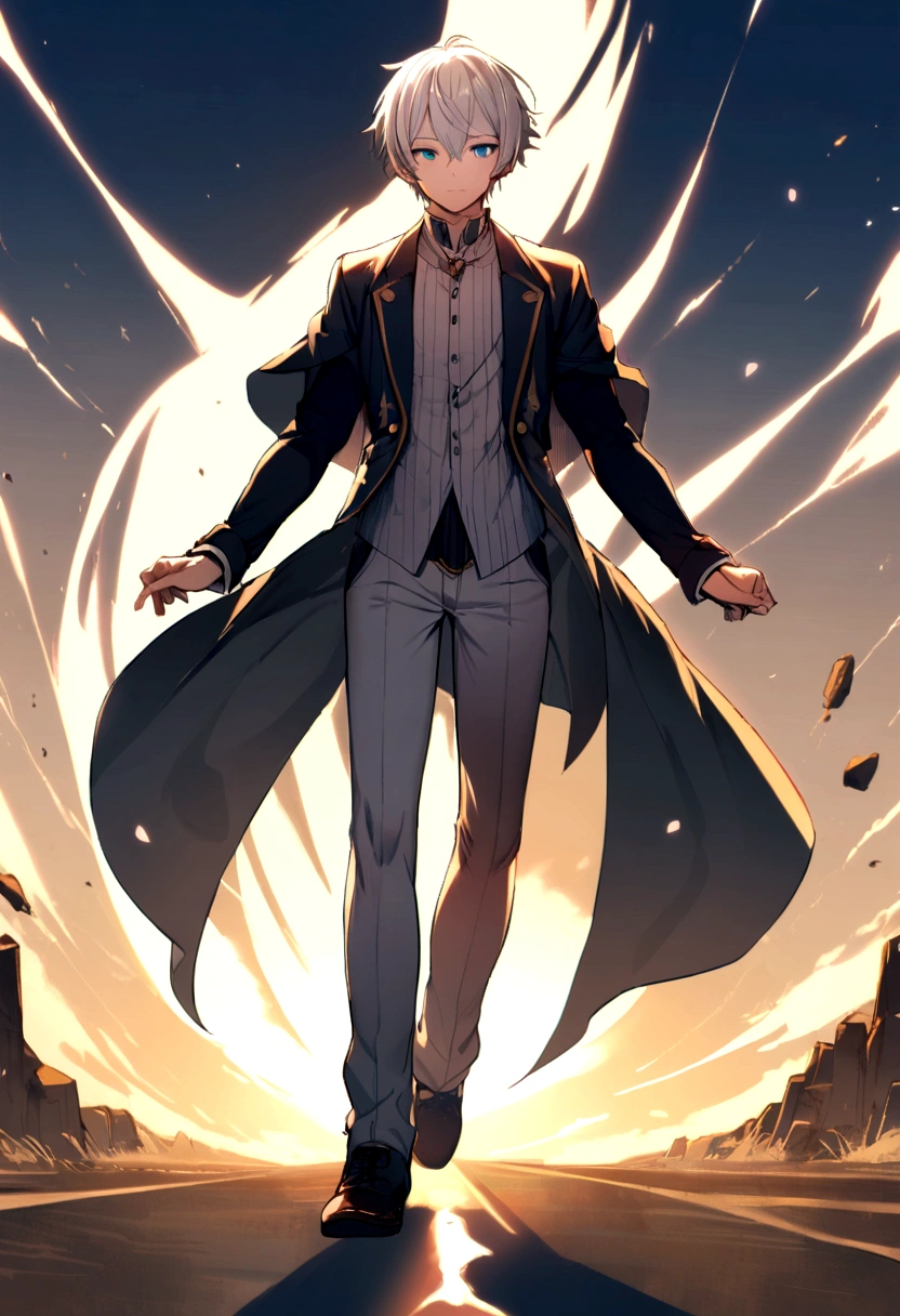 1 boy, white hair, blue eye, whole body