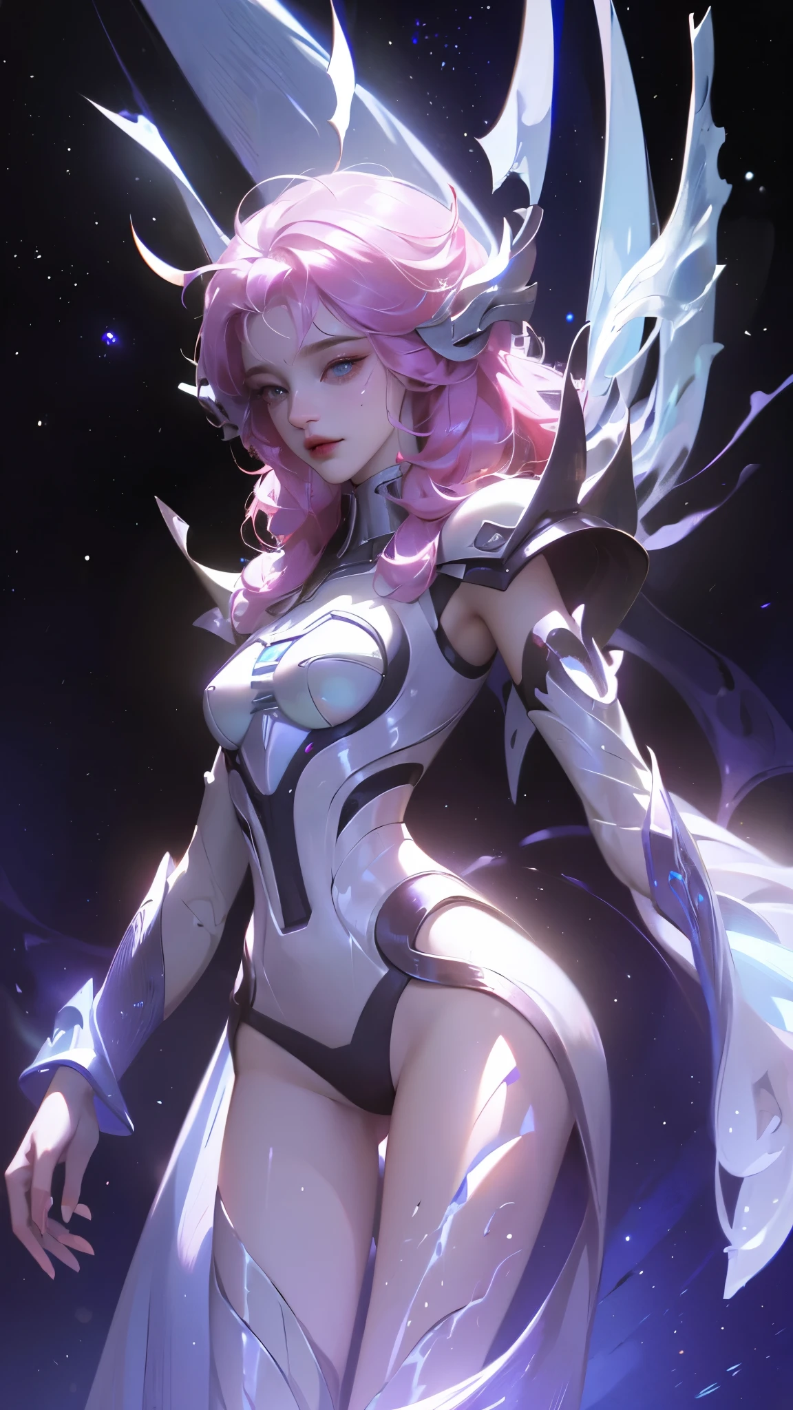 ((girl, Mecha)), Glowing eyes, Blue pupils，Smile，Armor damage, Mecha少女,Long hair, Ceramic body, Thigh gap, ((The background is a city with a sense of technology)),The starry sky is brilliant， (translucent, Reflective Skin), (Surrealism: 1.4)