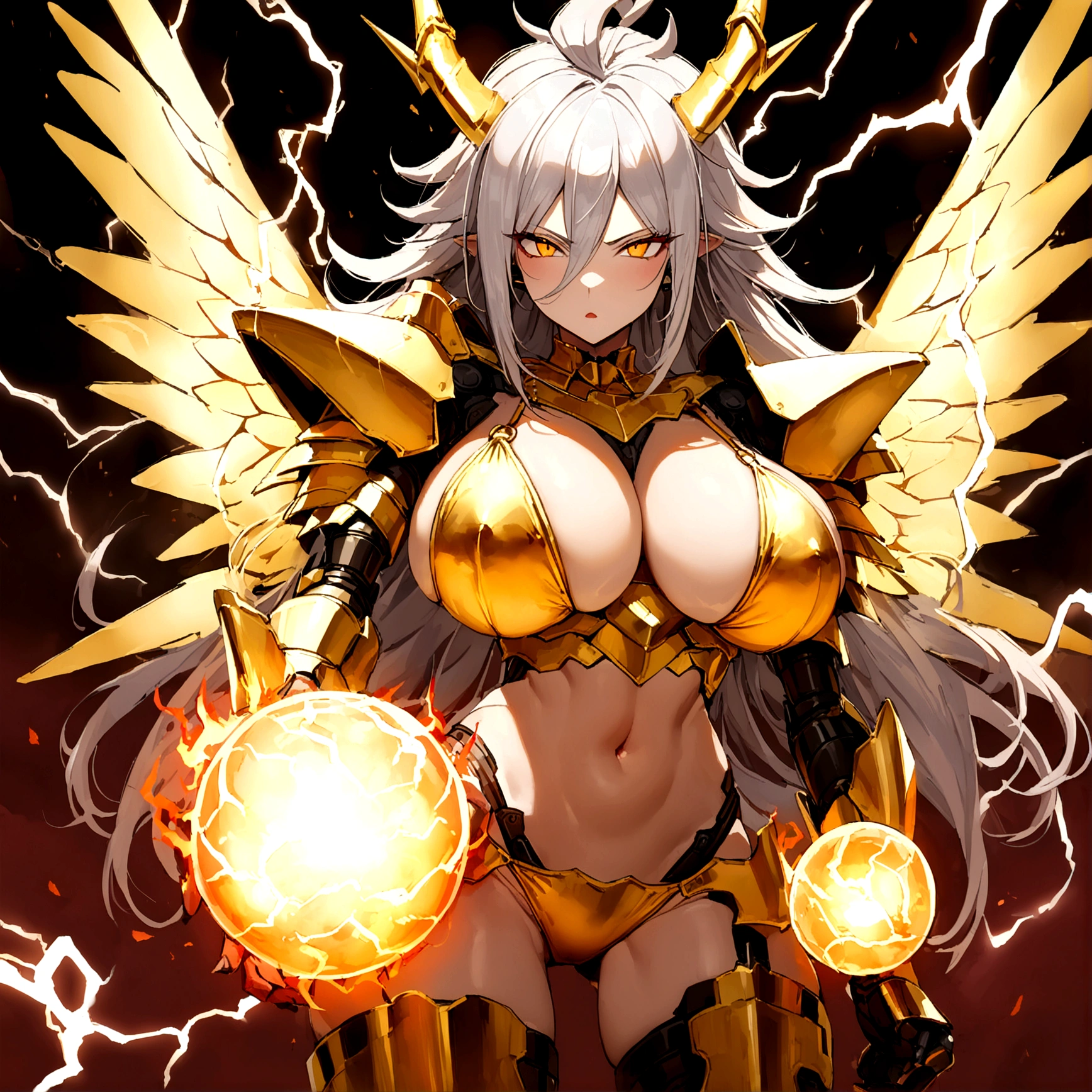 ((Lightning Power)), ((Electricity)), ((Fire Background)), ((Lightning Storm)), ((Power Erupting)), (((((android 21))))), (((Evil Power))), (((white Coat))), (((Busty))), (((((Big breast:1,3)))), luxury bustier corset, (((silver hair))), (((Very slim waist))), propotional body, ((Gorgeous)), (((Fire Blazing Horns))), ((((gold wings))), masterpiece, hyperdetail, ambient effect, digital effect, (((Fire Gold Bikini Armor))), (((Lightning Gold Wings))), ((((Gigantic Rasengan))))