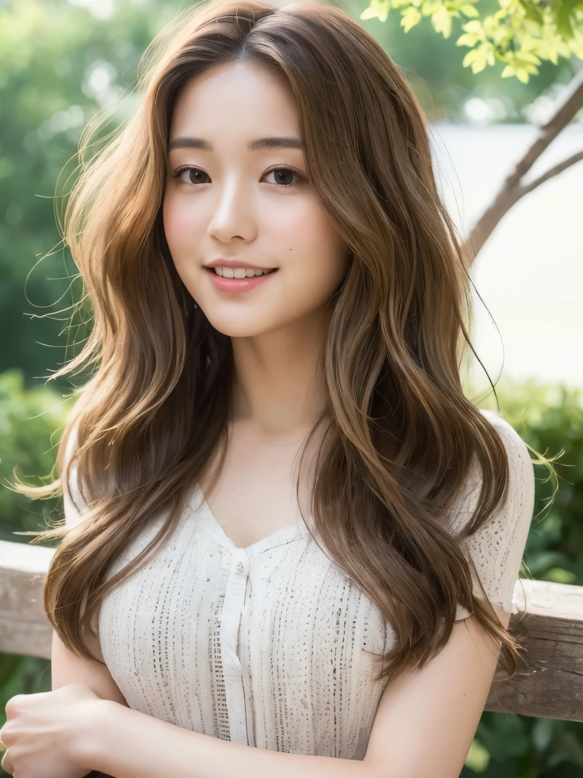 ((Realistic, photoRealistic, Highest quality,, 8K, Masterpiece of:1.3)), One girl has huge breasts, Beautiful woman with slim abs:1.3, (Casual Hairstyles, :1.2), Sexy Dress，Ultra-fine face, Detailed eyes, double eyelid，With a smile。Take a photo with a cute pose，Busty，close，close chest，White skin，Beautiful background,20-year-old,cute, (Wavy Hair:1.2), (Medium Hair:1.3), (Light brown hair:1.3),wearing a white mask, 