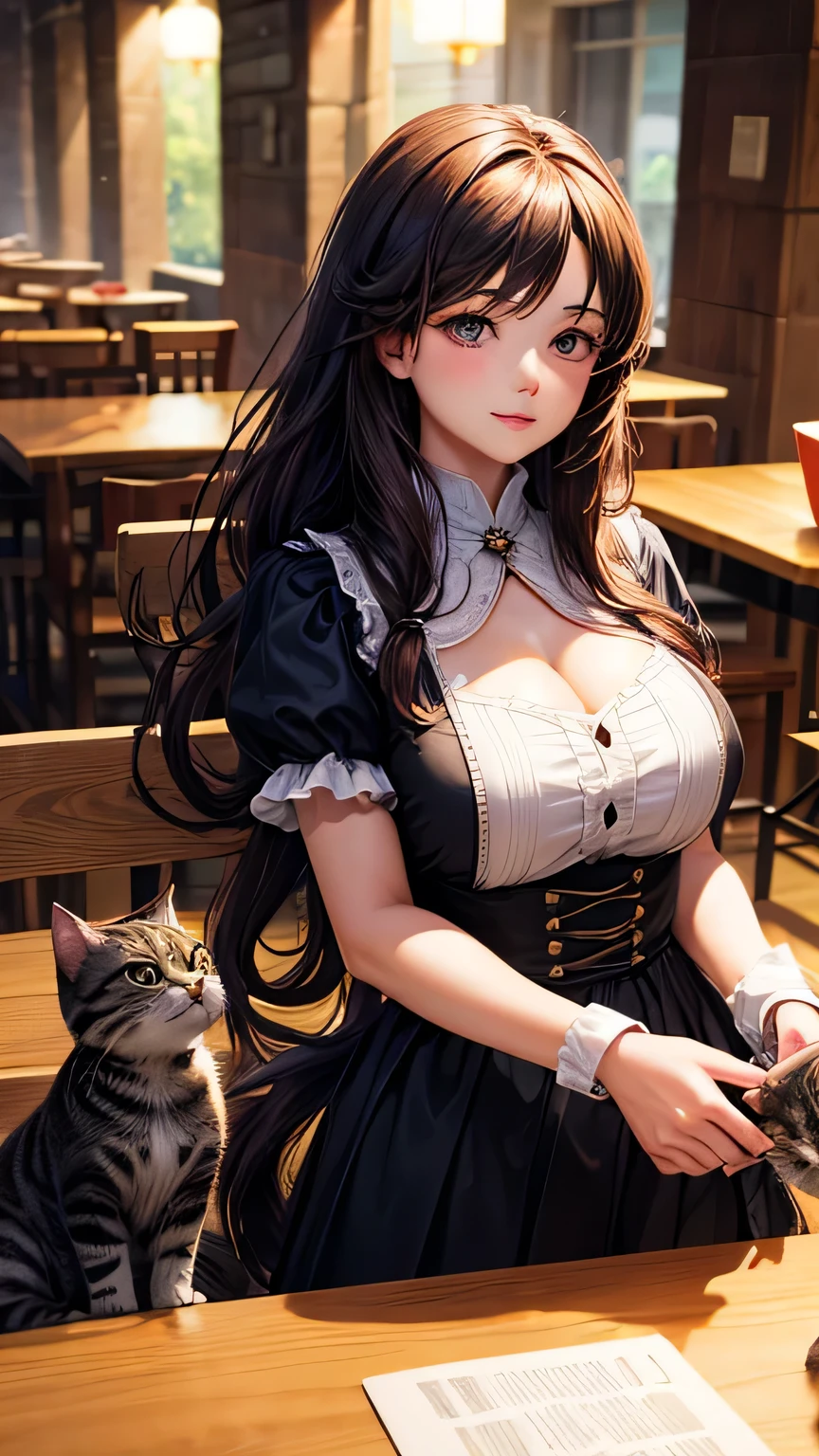 A woman, long hair, big , at the cafe cat,  playing with kitten, high quality, best detailed, ultra hd, 8k, master peace