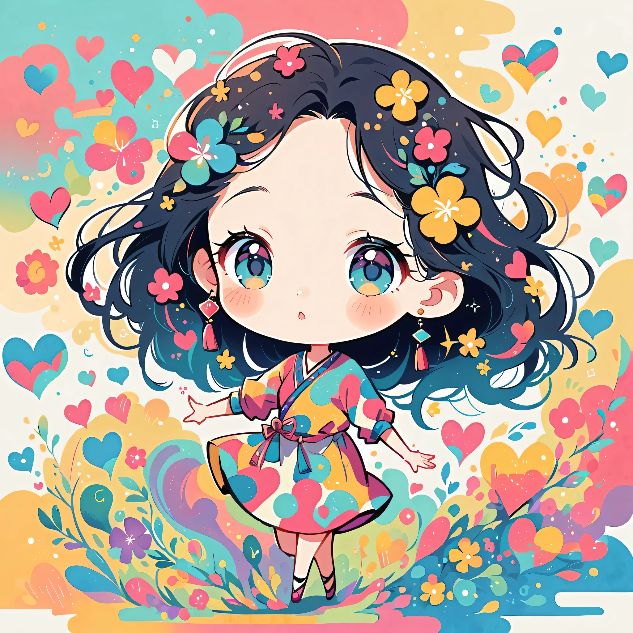 Mai Yoneyama style, Simple Line Initialism,Abstract art,Urban Background, colorful hearts ,colorful flowers, The most beautiful girl of all time, chibi