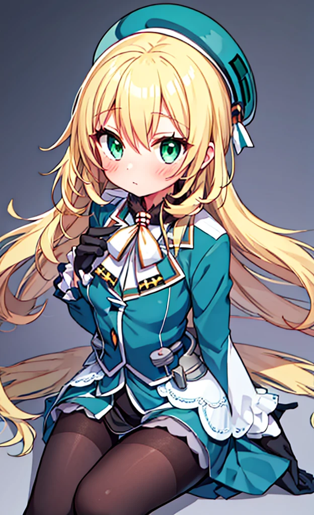 masterpiece,Highest quality,1 Girl,alone,blush with embarrassment,Pokemon-like art style,(Bold:1.6),(flat:1.5), Atago, (Fleet Collection),(Portraiture:1.2),blonde_hair,length_hair,big_chest,Have,beret,green_eye,green_eye,black_gloves,black INNER SKIRT,uniform,pantyhose, slit_blue long skirt,race_Black Skirt