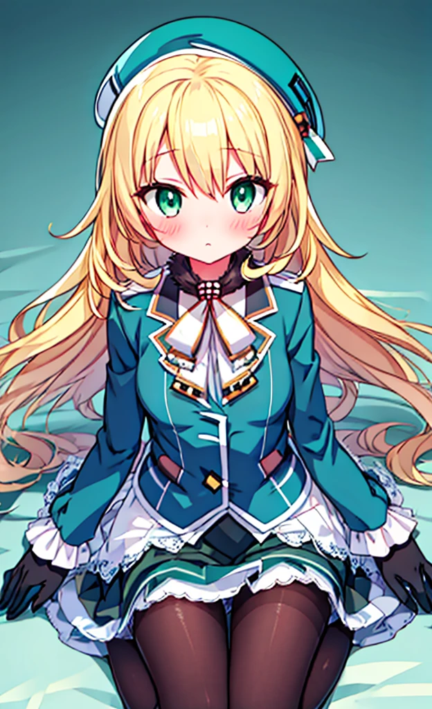 masterpiece,Highest quality,1 Girl,alone,blush with embarrassment,Pokemon-like art style,(Bold:1.6),(flat:1.5), Atago, (Fleet Collection),(Portraiture:1.2),blonde_hair,length_hair,big_chest,Have,beret,green_eye,green_eye,black_gloves,black INNER SKIRT,uniform,pantyhose, slit_blue long skirt,race_Black Skirt