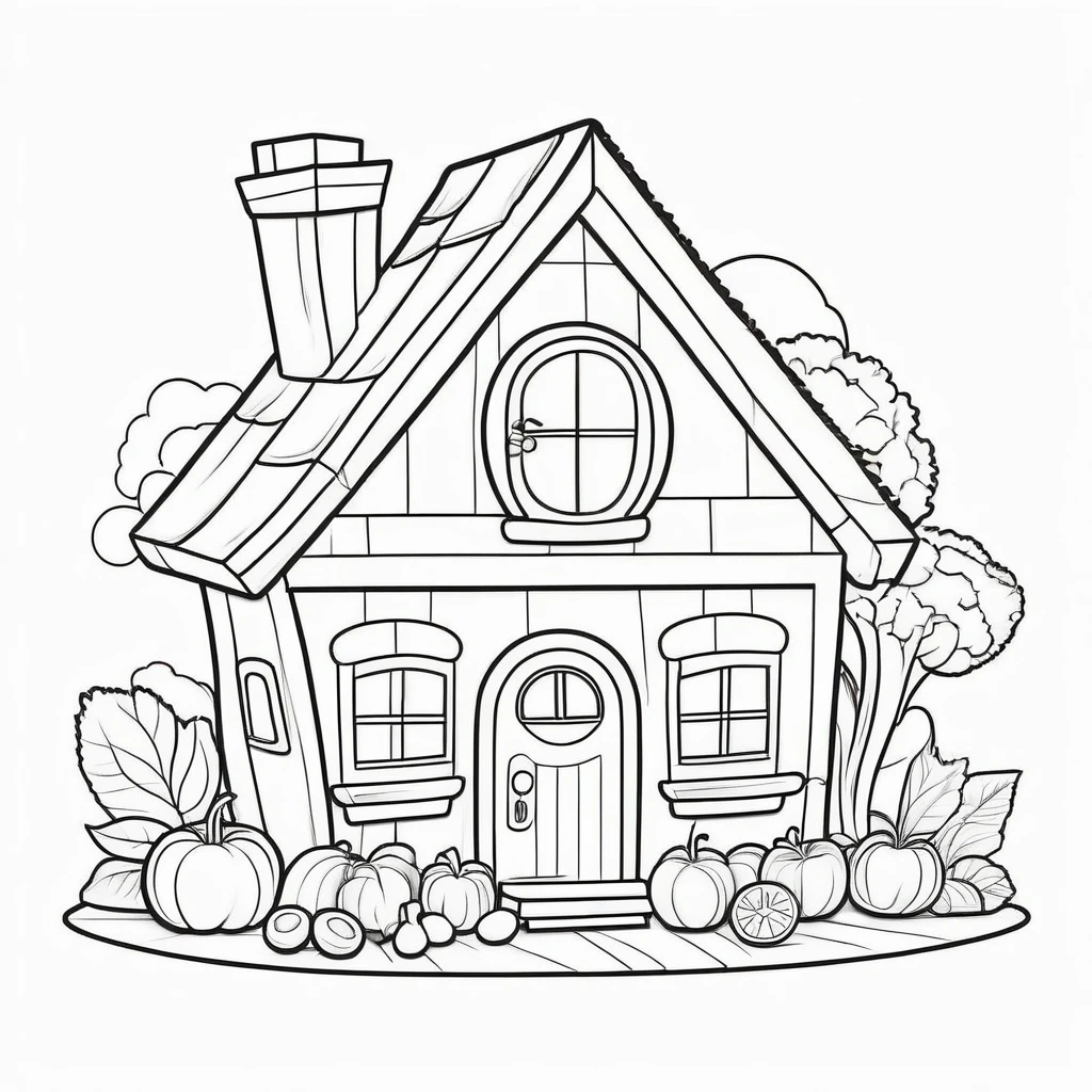 Cute house made from fruit and vegetables, coloring page for kids, happy, smiling, vector art, minimalistic, vector 2d, black lines white background, coloring page for beginners, vector illustration, pencil strokes, no color, drawing for coloring, white background, pixar style, black and white