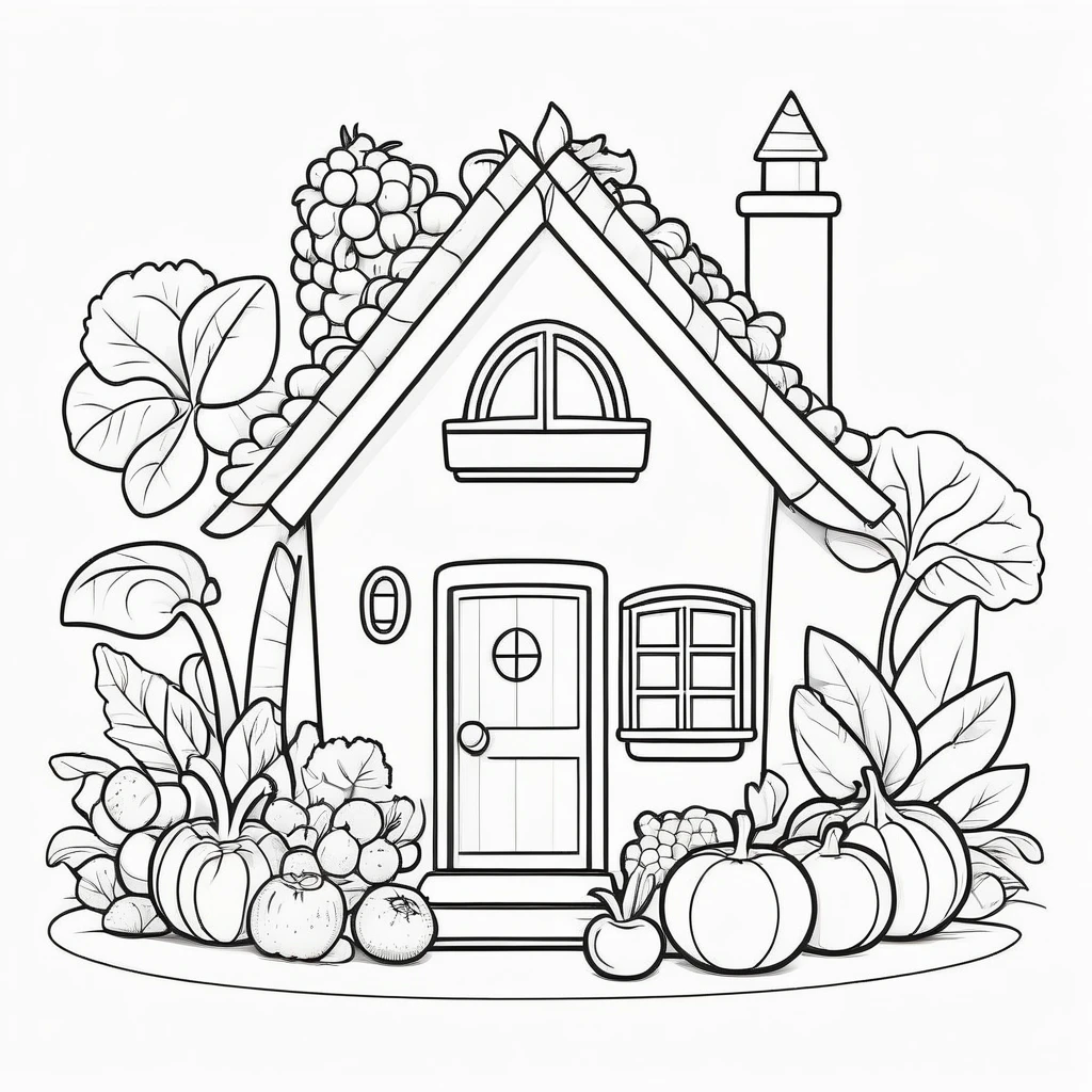 Cute house made from fruit and vegetables, coloring page for kids, happy, smiling, vector art, minimalistic, vector 2d, black lines white background, coloring page for beginners, vector illustration, pencil strokes, no color, drawing for coloring, white background, pixar style, black and white