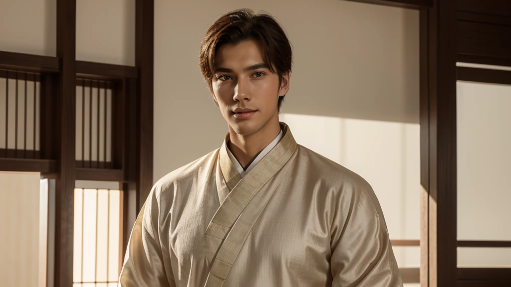 Drawing of a tall, handsome young man with a bright, kind face, wearing Hanfu,