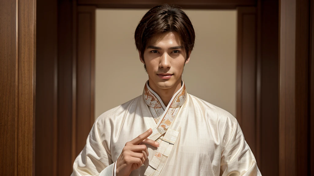 Drawing of a tall, handsome young man with a bright, kind face, wearing Hanfu,