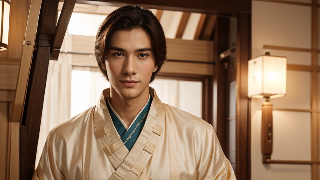 Drawing of a tall, handsome young man with a bright, kind face, wearing Hanfu,