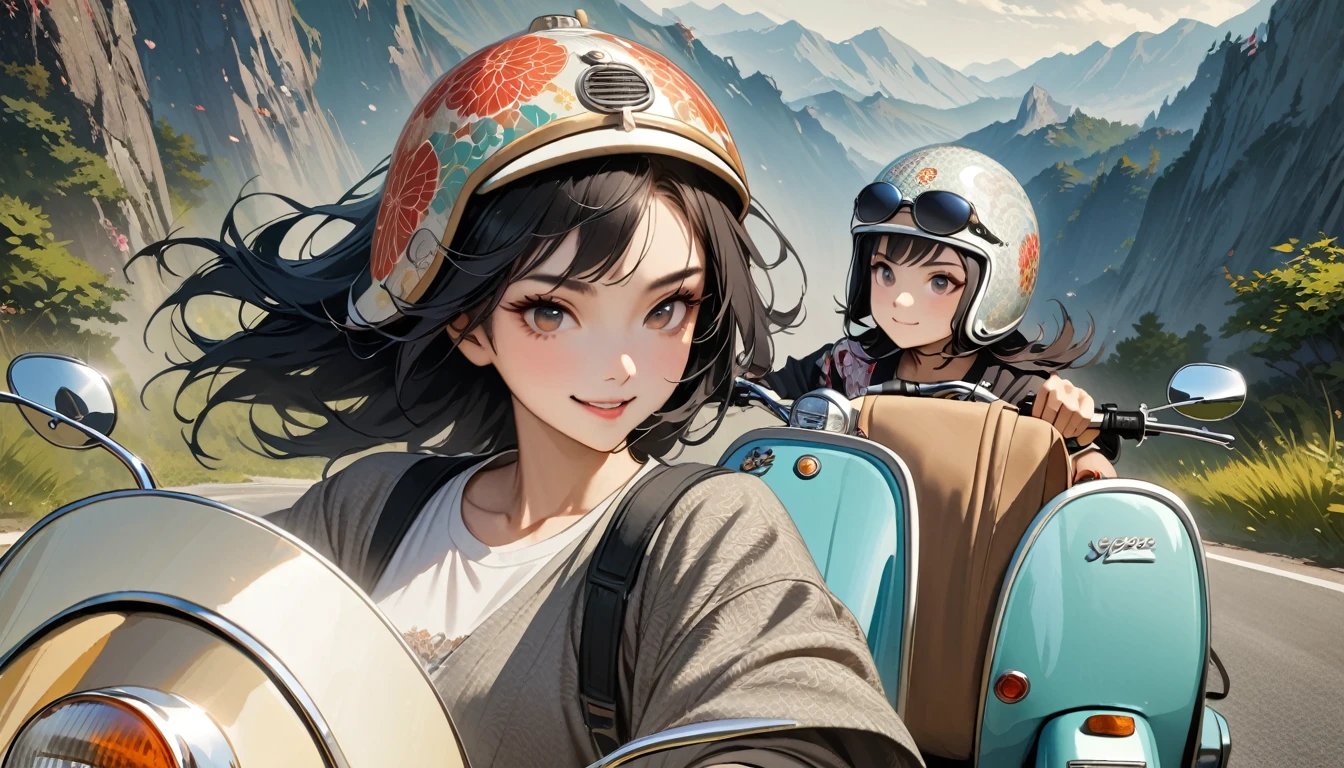 ((8k of extremely detailed CG unit, Masterpiece, high resolution, highest quality, highest quality real texture skin)), (((Driving a Vespa with a smile))), ((1 girl)), ((Japanese patterned helmet,sunglasses)), (Japanese pattern Tシャツ, denim), (Black hair, messy hair, beige skin), (surreal, digital painting)
