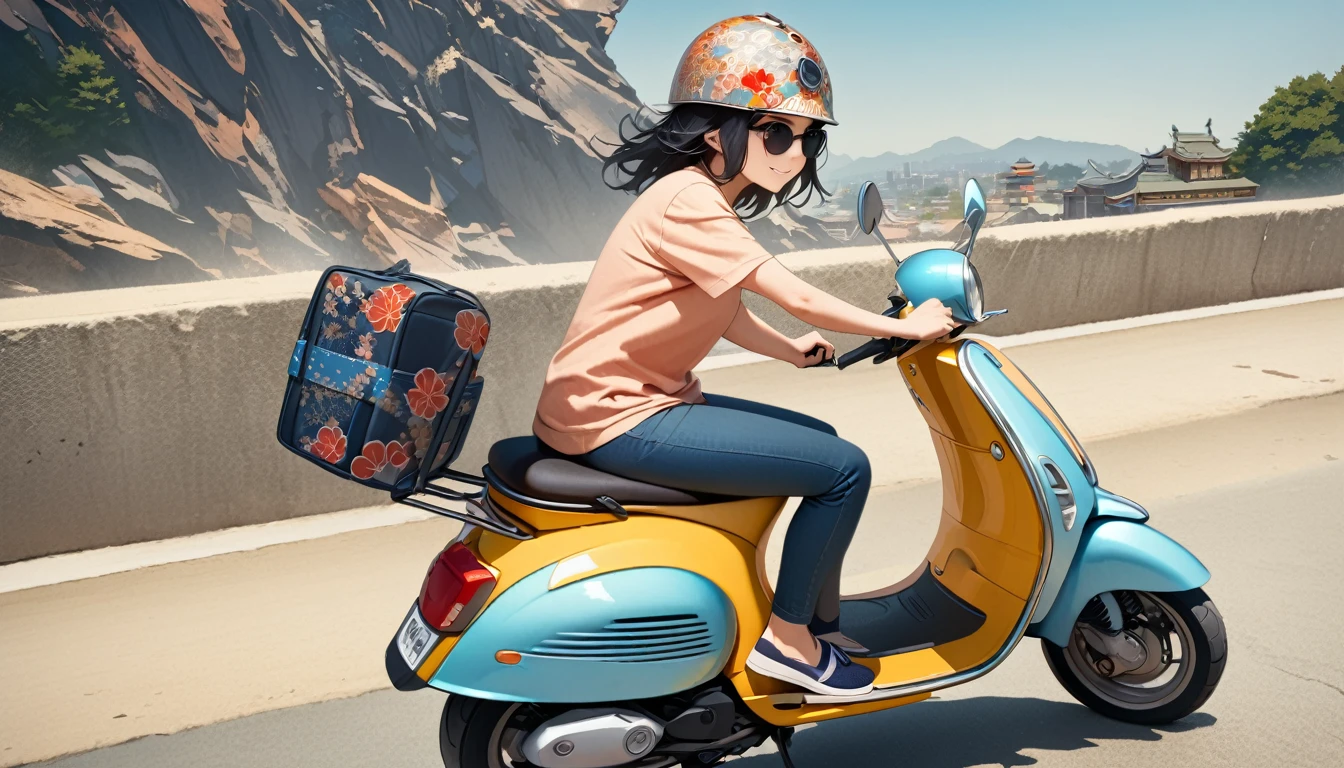 ((8k of extremely detailed CG unit, Masterpiece, high resolution, highest quality, highest quality real texture skin)), (((Driving a Vespa with a smile))), ((1 girl)), ((Japanese patterned helmet,sunglasses)), (Japanese pattern Tシャツ, denim), (Black hair, messy hair, beige skin), (surreal, digital painting)
