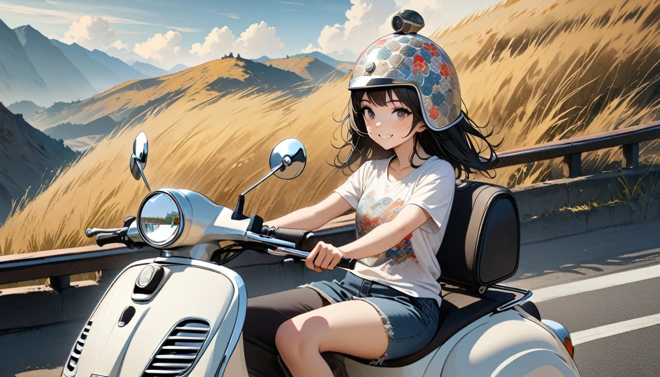 ((8k of extremely detailed CG unit, Masterpiece, high resolution, highest quality, highest quality real texture skin)), (((Driving a Vespa with a smile))), ((1 girl)), ((Japanese patterned helmet,sunglasses)), (Japanese pattern Tシャツ, denim), (Black hair, messy hair, beige skin), (surreal, digital painting)
