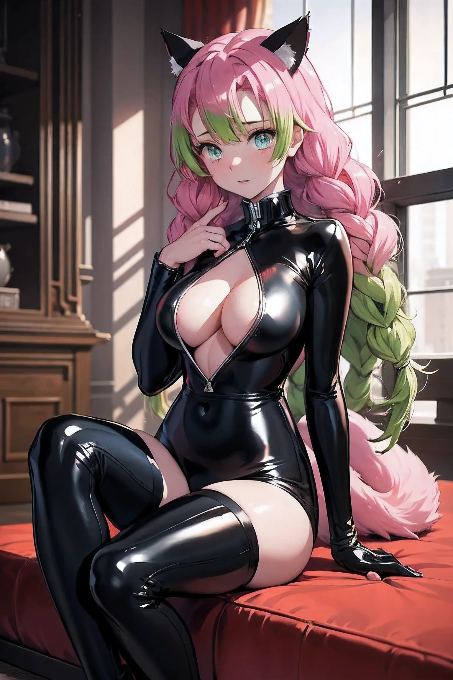 A photorealistic image of an anime-style woman with cat ears wearing a black  , sitting in a leather chair in a luxurious room with large windows, inspired by the style of dmitry kustanovich, felicia simion, and uhd image quality,full body, looking,full picture.