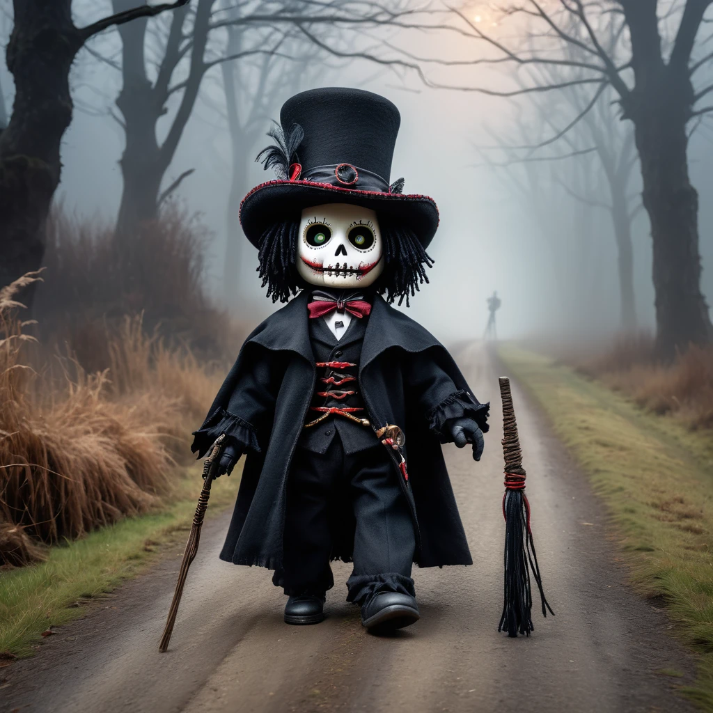 (knitted toy voodoo doll:1.2), (Voodoo Ghost Coachman:1.3), (clothes Black cloak, hat with fields, whip:1.0), (in the background Abandoned carriage, foggy road, shadows of trees:1.3), best quality, masterpiece, detailed soft oil painting, detailed background, dramatic cinematic lighting, soft edge lighting, professional, dramatic lighting, hard edge lighting, ultra quality, 4k, masterpiece, best quality, 8k, ultra high definition, high resolution, extremely detailed