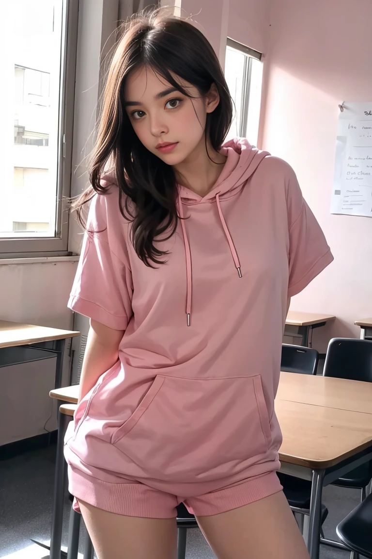 deux femmes ensemble de 18 ans sexy et mince , pink short sleeve hoodie , salle de classe, se touche,position sey,sensuel