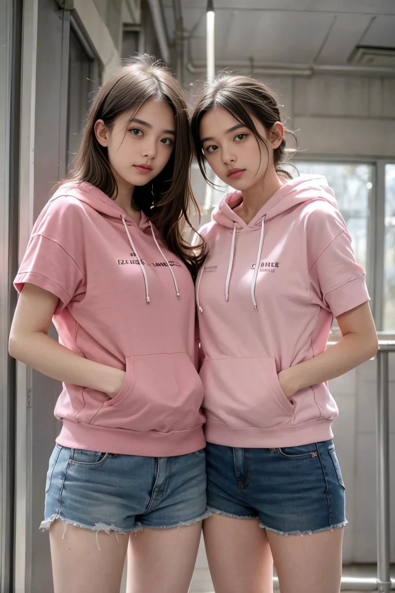 deux femmes ensemble de 18 ans sexy et mince , pink short sleeve hoodie , salle de classe, se touche,position sey,sensuel