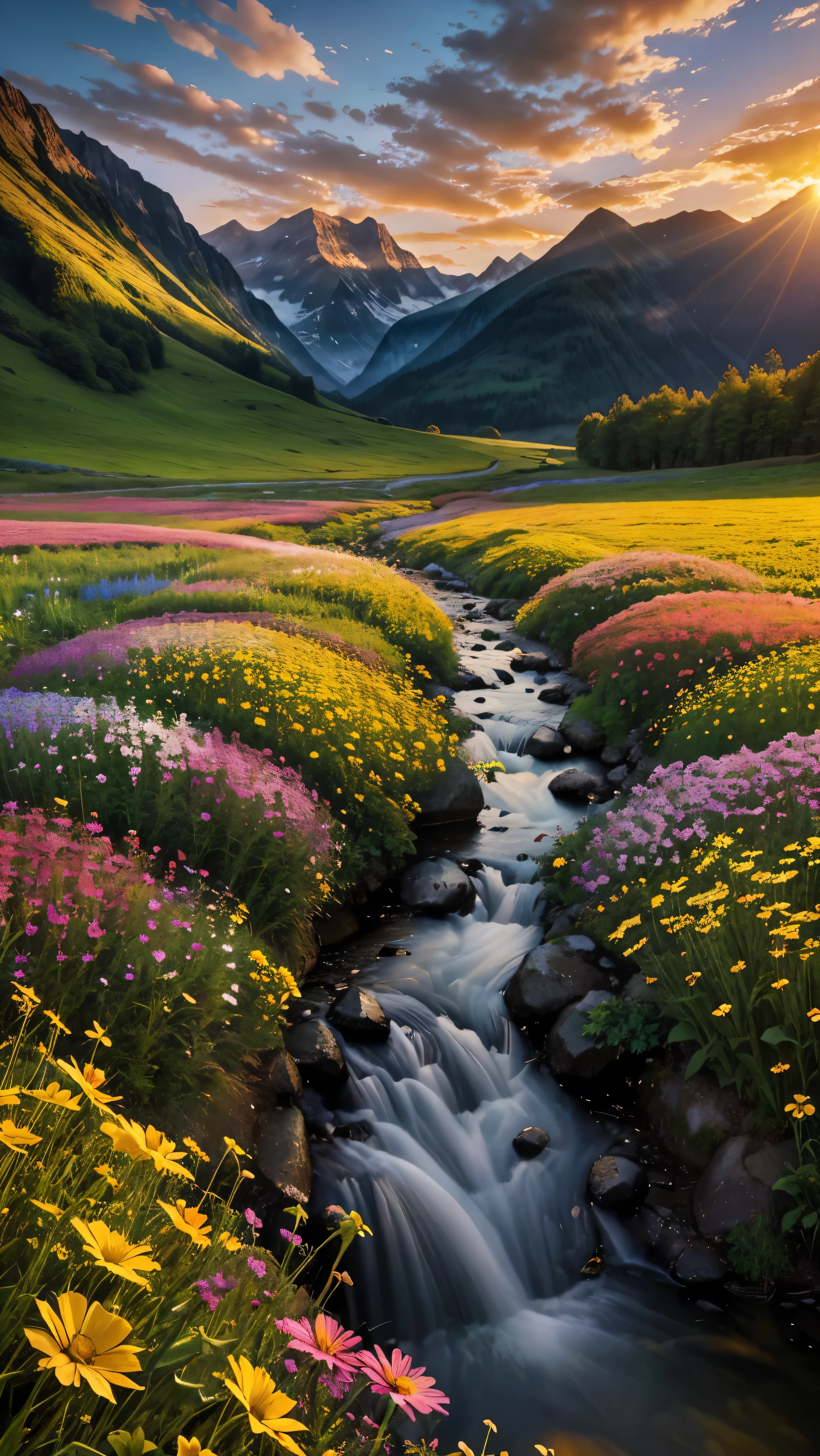 flowers are blooming in a field near a stream at sunset, marc adamus, landscapes: the joy of life, floral sunset, warm beautiful scene, fields of flowers, peaceful landscape, beautifully lit landscape, stream of love and happiness, vast lush valley flowers, field of fantasy flowers, beautiful flowing feeling, stunning landscape, amazing landscape, beautiful scene, beautiful setting