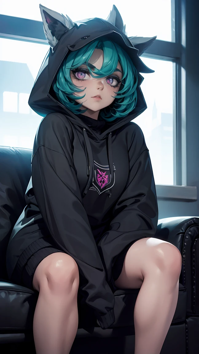 girl, large black sweatshirt, sitting posture, calm look, Sitting in front, legs open, a dark room, evil eyes, glowing skin, Looking ahead, facial expression