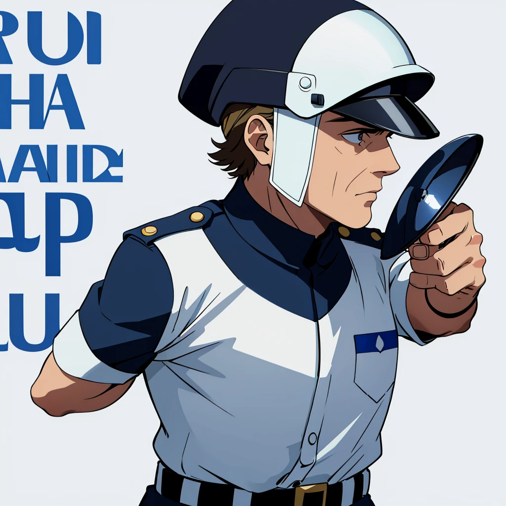 He is a police officer of about 40 years old, depicted against a white background, wearing a British police uniform and a helmet.