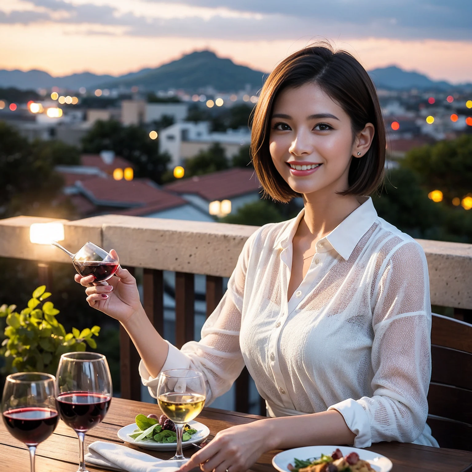 ((Highest quality、8K、masterpiece:1.3))、 (Ultra-realistic、 Genuine、Bright image、Intricate details:1.2), 最高のsmile、1 male、1 female、Beautiful couple、love love love、A lover who resembles Miki Nakatani、Good friends、actress couple、smile、Full-course dinner at a packed table、 (Slim face), (the body is slim), (Brown Hair), (short hair), テーブルのwine glass、Please shine a light on my face、 Amazing view of the sunset sky and clouds、 years old 39 years old, red wine 、Appetizers、Wine bottle、sparkling wine、Long sleeve shirt、dress、White wine, red wine, wine glass,