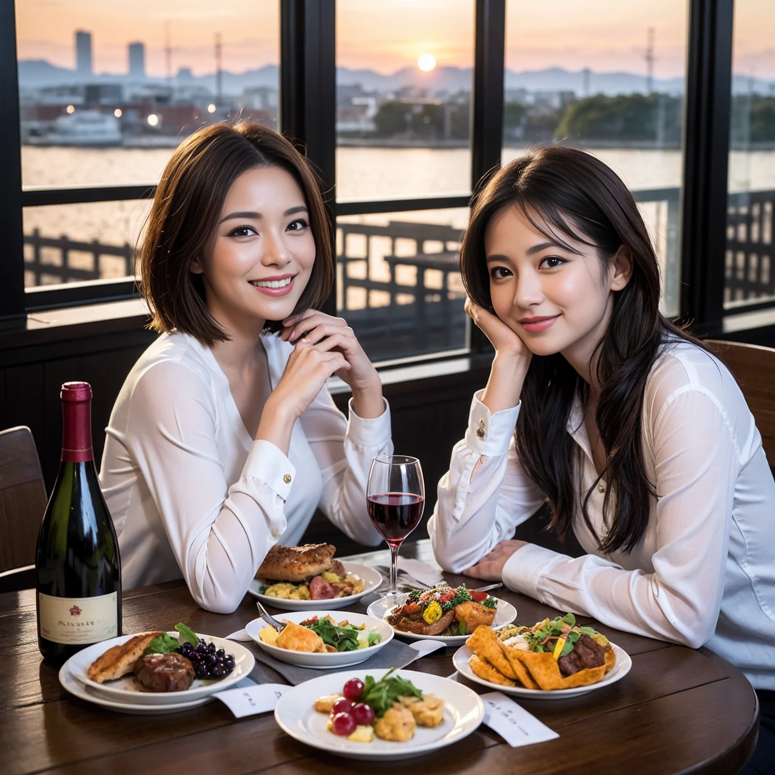 ((Highest quality、8K、masterpiece:1.3))、 (Ultra-realistic、 Genuine、Bright image、Intricate details:1.2), 最高のsmile、1 male、1 female、Beautiful couple、love love love、A lover who resembles Miki Nakatani、Good friends、actress couple、smile、Full-course dinner at a packed table、 (Slim face), (the body is slim), (Brown Hair), (short hair), テーブルのwine glass、Please shine a light on my face、 Amazing view of the sunset sky and clouds、 years old 39 years old, red wine 、Appetizers、Wine bottle、sparkling wine、Long sleeve shirt、dress、White wine, red wine, wine glass, 