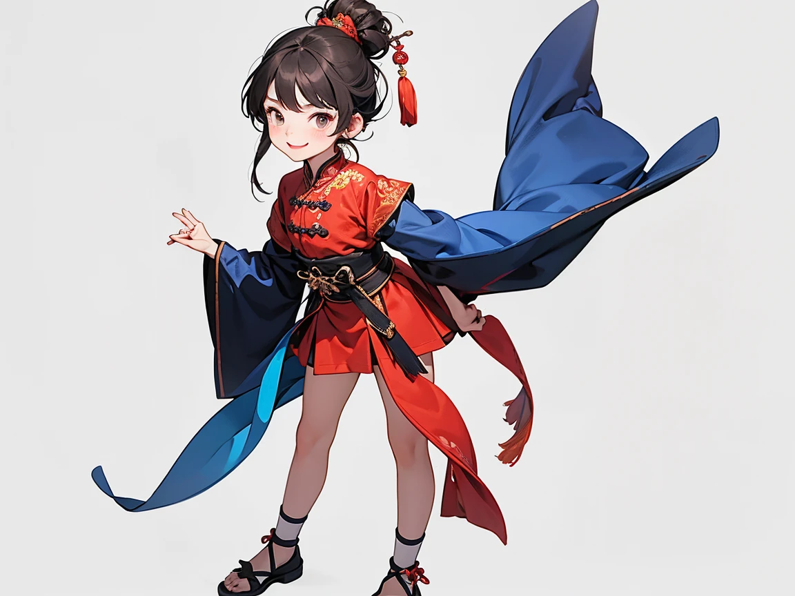 5 years old,,Costume girl,Chinese Tang Dynasty Girl,Long skirt skirt,Standing,Embroidered shoes,Ball head hairstyle,whole body,Smile,Hands hanging down,Blank Background