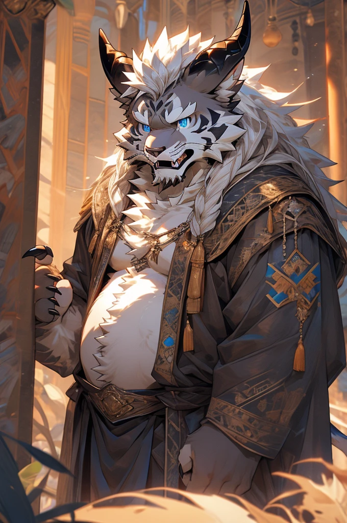 head、Animal cat face、A pair of dragon horns，Fluffy white hair all over the body、Heavy breathing、Gnashing of teeth,Serious expression,Fluffy belly、wildcat、blue eyes，(contour）The whole body is covered with long white hair、Hairy body、Fangs、CG，Royal Palace，palace，study，Sharp claws、Capture the composition of the whole body、Gray robe，（Messy 1.4），