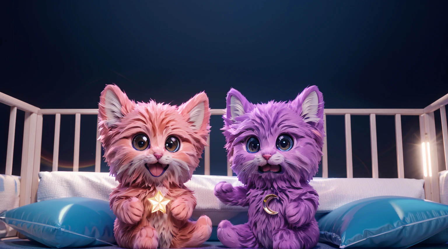 in the cot there are two very fluffy and cute kittens, on the left - a pink kitten, on the right - a purple kitten, on the side of the kitties are soft cushions in blue, smooth 3d model, glossy plastic texture, multiple light sources, rim light, sharp post effects render, most beautiful vfx, , realistic, 4k, high resolution, rim light, smooth 3d model. , glossy texture, smooth 3d model, multiple light sources, rim light, sharp post effects render, (glossy plastic texture with multiple big light probe refractions), perfect cgi, reflective, best quality, 4k, masterpiece:1.2, ultra-detailed, realistic, vivid colors, The image of the highest quality, ensuring every detail showcased perfectly. It in 4k resolution, allowing viewers to immerse themselves in the richness of the colors and intricate details. The realistic rendering. under the spotlight, reflecting, high-resolution image, realistic rendering