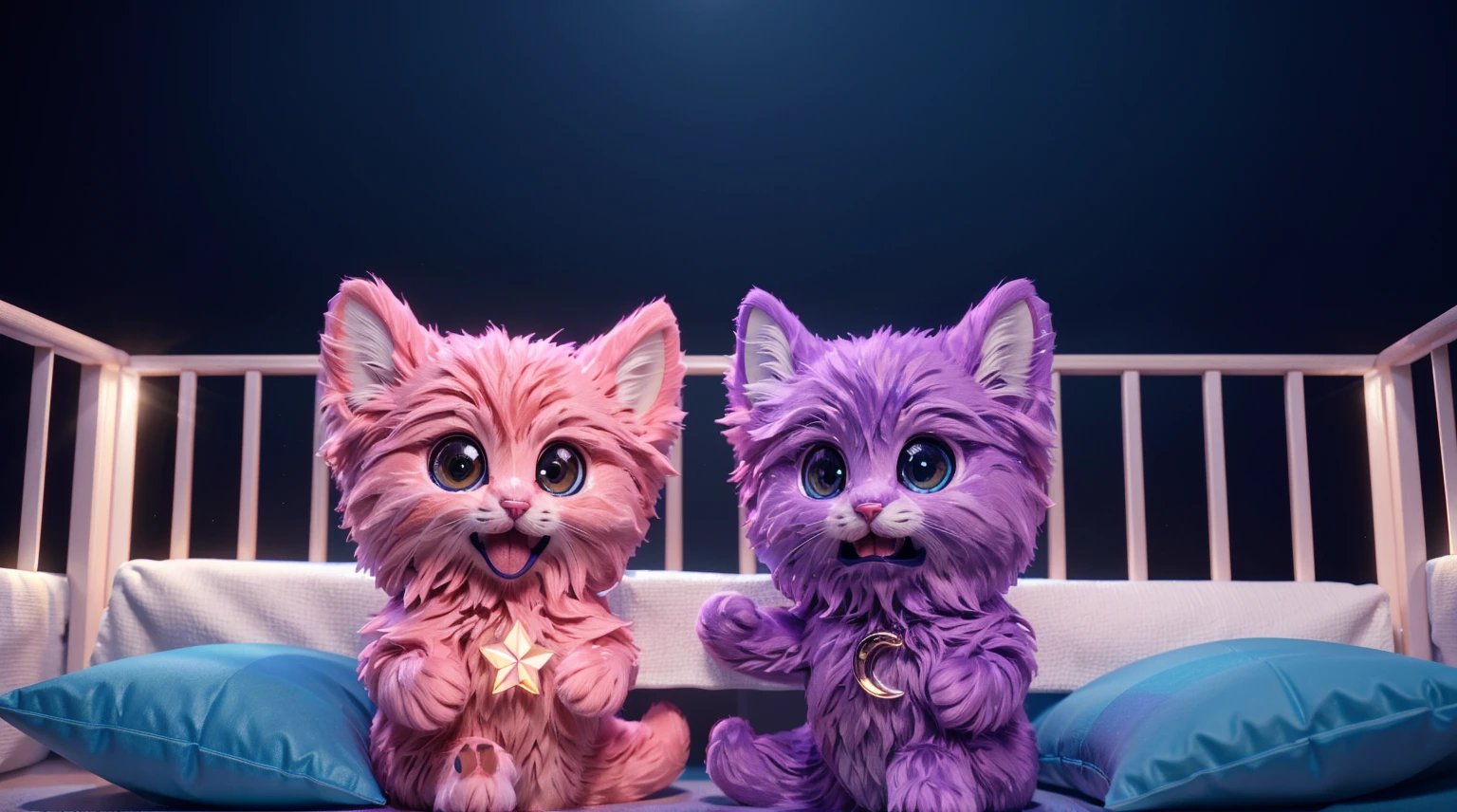 in the cot there are two very fluffy and cute kittens, on the left - a pink kitten, on the right - a purple kitten, on the side of the kitties are soft cushions in blue, smooth 3d model, glossy plastic texture, multiple light sources, rim light, sharp post effects render, most beautiful vfx, , realistic, 4k, high resolution, rim light, smooth 3d model. , glossy texture, smooth 3d model, multiple light sources, rim light, sharp post effects render, (glossy plastic texture with multiple big light probe refractions), perfect cgi, reflective, best quality, 4k, masterpiece:1.2, ultra-detailed, realistic, vivid colors, The image of the highest quality, ensuring every detail showcased perfectly. It in 4k resolution, allowing viewers to immerse themselves in the richness of the colors and intricate details. The realistic rendering. under the spotlight, reflecting, high-resolution image, realistic rendering
