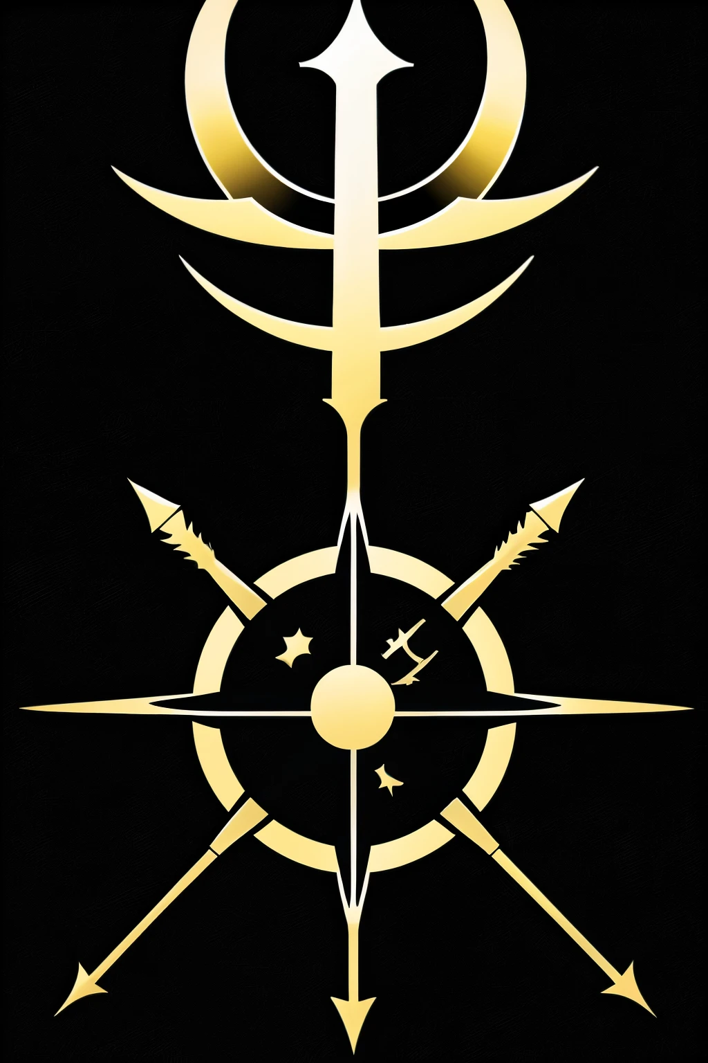 Logo, Gaming, Tribal Design, Show text "God Eater", Swords, Axe, Shield, Arrow, Bow, Great staff, Spear, Black, Letter G, G, Black Background, Sun, Stars