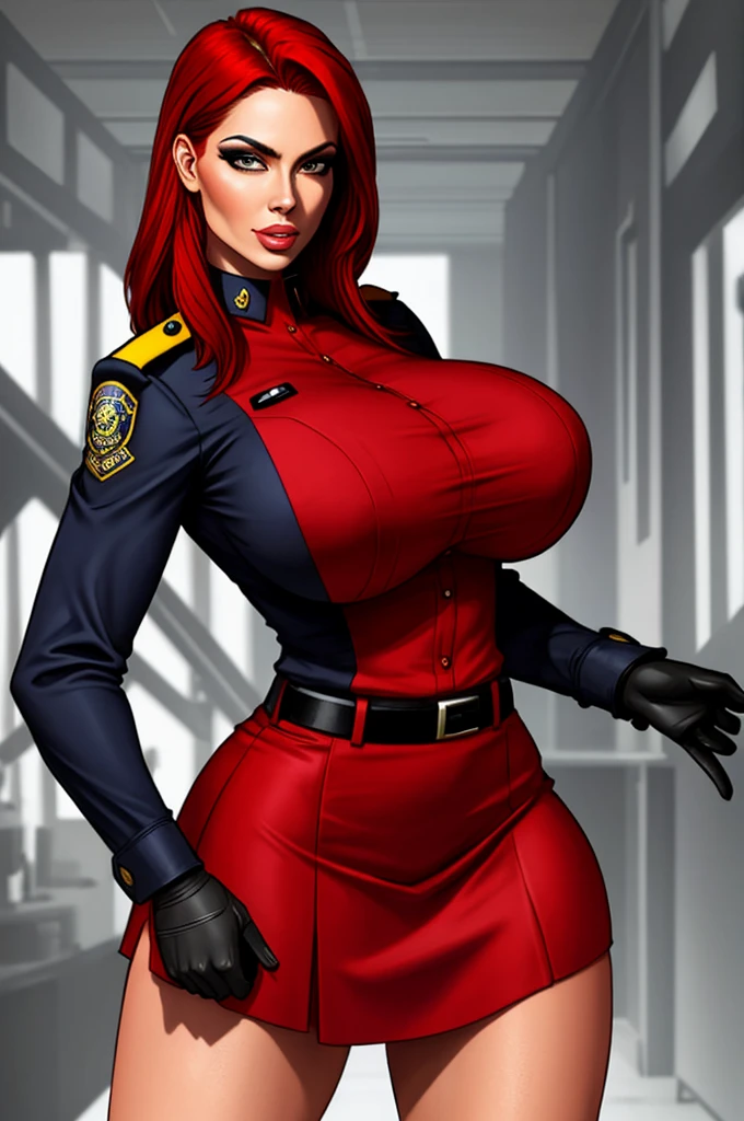 Busty cop, sexy uniform. realistic, red hair, short skirt