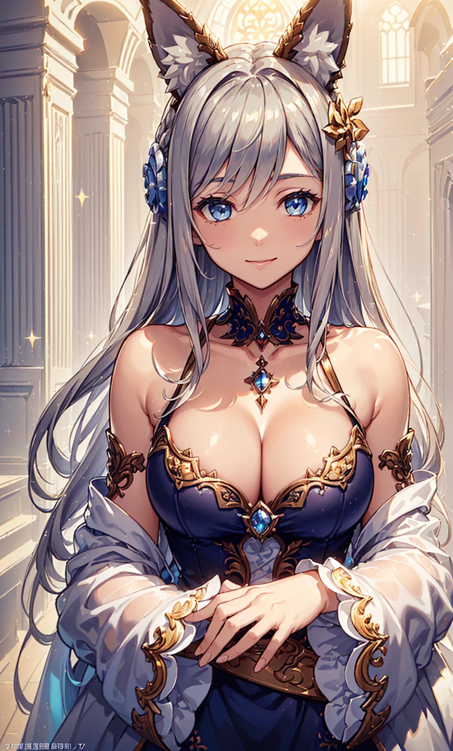 (((masterpiece))), (((best quality))), ((Extremely detailed)), ((Super beautiful illustrations)), ((Super Fine)), (16K highest quality wallpaper:1.4), (Upper Body:1.6), Human Development Report, (Highly detailed and delicate illustration style:1.8), Delicate skin texture, Detailed fabric texture, Extremely detailed的描述, (T-masterpiece), (Highly detailed face:1.2), (Detailed fox ears:1.2), (Very fine and shiny golden brown hair:1.2), (Extremely delicate and clear blue eyes:1.2), The original, RAW photos, professional, Intricate details, Super Detail, Rainbow Light:1.7, Direct light:1.6, (Perfect anatomical structure:1.4), (Very detailed hands:1.2), (Very detailed hands指:1.2), (Highly detailed fingertips:1.2), (27 years old), (Solitary:1.8), real, ((Beautiful and charming blue-eyed fox model，The messenger and the witch of God:1.4)) brake (Beautiful and cute fox ears:1.6), (Exquisite details的狐狸耳朵:1.4), (Beautiful and good-looking big:1.2), (Beautiful and shapely ????????), (Very beautiful and shiny rainbow hair, Colorful hair:1.6), (Very beautiful and transparent blue eyes，Shine with rainbow colors, Colored eyes:1.5), (beautiful clear blue eyes，The details sparkle:1.6), (Highly detailed face:1.4), (Smile:1.3), (Looking at the audience:1.4), (permanent:1.4) brake (Just after noon:1.4), ((In the background is an extremely detailed and intricate European church interior:1.4)), (Interior of a European church，Exquisite details:1.2) brake ((Shiny black and silver pope costume:1.5)) brake 