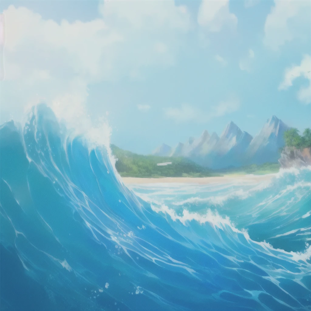 A painting depicting waves crashing on the beach,A painting with a mountain in the background, wild ocean background, background technologywork, Island Background, Breeze Background, background technology, ocean background, Sea background, ocean, tropical ocean, Amazing wallpapers, Beach Background, Detailed sea, Beautiful background, 4k hd wallpaper illustration, Amazing background, A beautiful artistic illustration, Wallpaper HD beautiful, Fantasy seascape