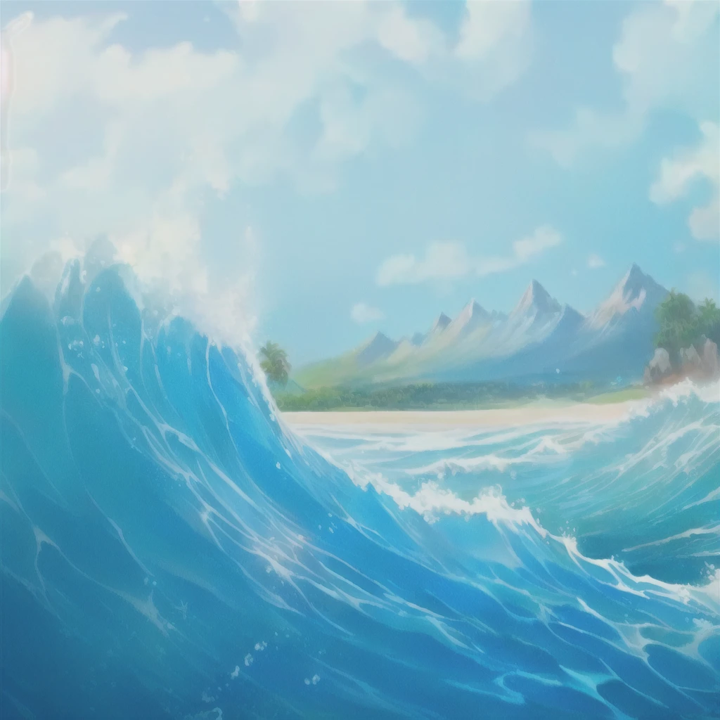 A painting depicting waves crashing on the beach,A painting with a mountain in the background, wild ocean background, background technologywork, Island Background, Breeze Background, background technology, ocean background, Sea background, ocean, tropical ocean, Amazing wallpapers, Beach Background, Detailed sea, Beautiful background, 4k hd wallpaper illustration, Amazing background, A beautiful artistic illustration, Wallpaper HD beautiful, Fantasy seascape