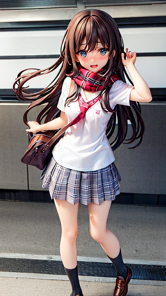 long hair, looking at viewer, blush, smile, open mouth, bangs, blue eyes, multiple girls, skirt, brown hair, shirt, black hair, short sleeves, bow, brown eyes, long hair, standing, white polo shirt, pleated skirt, outdoors, open clothes, shoes, day, socks, striped, collared shirt, hand up, 3girls, bag, scarf, plaid, kneehighs, nose blush, plaid skirt, brown footwear, flying sweatdrops, loafers, grey skirt, school bag, diagonal stripes, train station