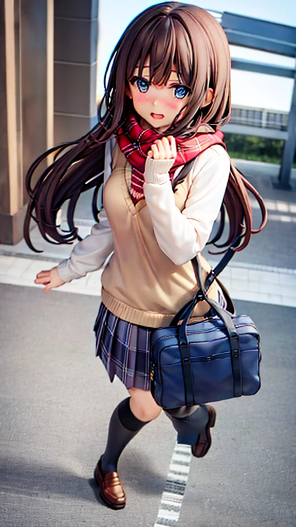long hair, looking at viewer, blush, smile, open mouth, bangs, blue eyes, multiple girls, skirt, brown hair, shirt, black hair, short sleeves, bow, brown eyes, long hair, standing, white polo shirt, pleated skirt, outdoors, open clothes, shoes, day, socks, striped, collared shirt, hand up, 3girls, bag, scarf, plaid, kneehighs, nose blush, plaid skirt, brown footwear, flying sweatdrops, loafers, grey skirt, school bag, diagonal stripes, train station