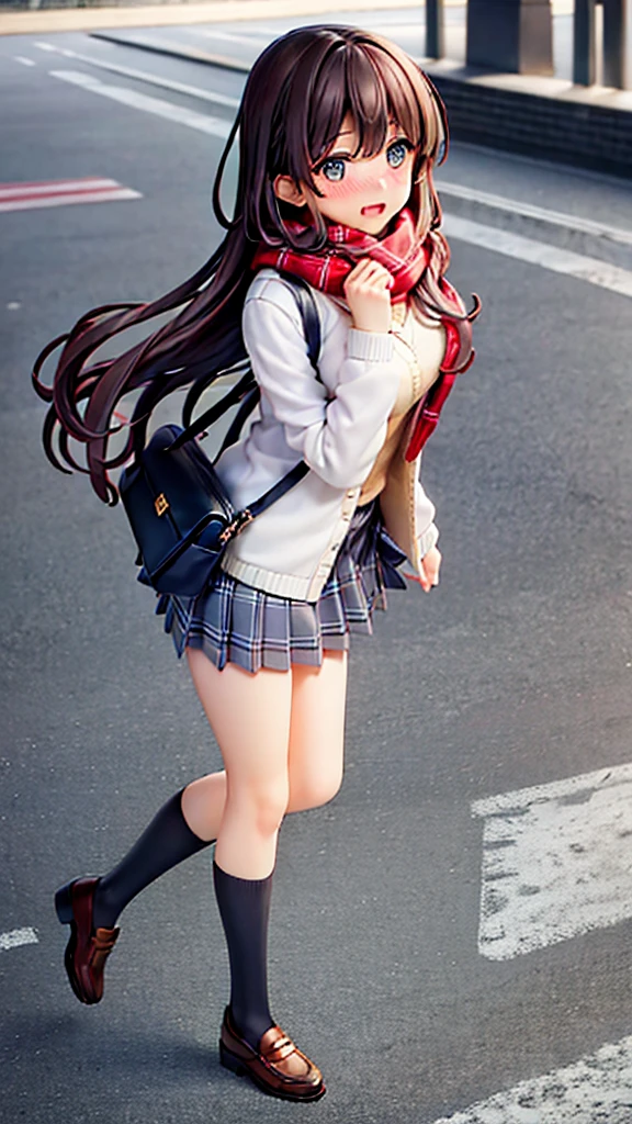 long hair, looking at viewer, blush, smile, open mouth, bangs, blue eyes, multiple girls, skirt, brown hair, shirt, black hair, short sleeves, bow, brown eyes, long hair, standing, white polo shirt, pleated skirt, outdoors, open clothes, shoes, day, socks, striped, collared shirt, hand up, 3girls, bag, scarf, plaid, kneehighs, nose blush, plaid skirt, brown footwear, flying sweatdrops, loafers, grey skirt, school bag, diagonal stripes, train station