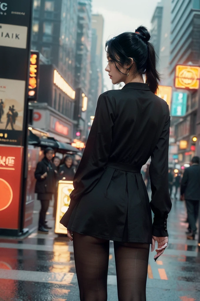 (((best quality))),(((ultra detailed))),(((masterpiece))),illustration,1girl,slim,vibrant cotton dress,short ponytail,flat chest,pantyhose,standing, bustling city streets, honking cars,surrounded by crowded crowds, colorful advertisements,enjoying sights and sounds,(dark black skin:1.5),(day scene:1.3),upper body,arms behind back