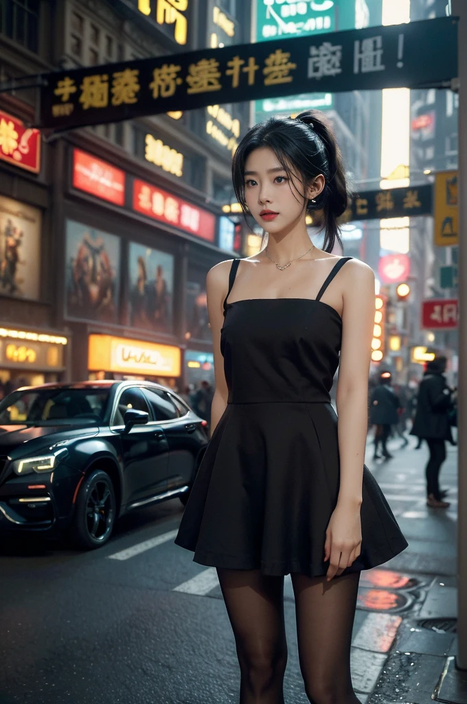 (((best quality))),(((ultra detailed))),(((masterpiece))),illustration,1girl,slim,vibrant cotton dress,short ponytail,flat chest,pantyhose,standing, bustling city streets, honking cars,surrounded by crowded crowds, colorful advertisements,enjoying sights and sounds,(dark black skin:1.5),(day scene:1.3),upper body,arms behind back