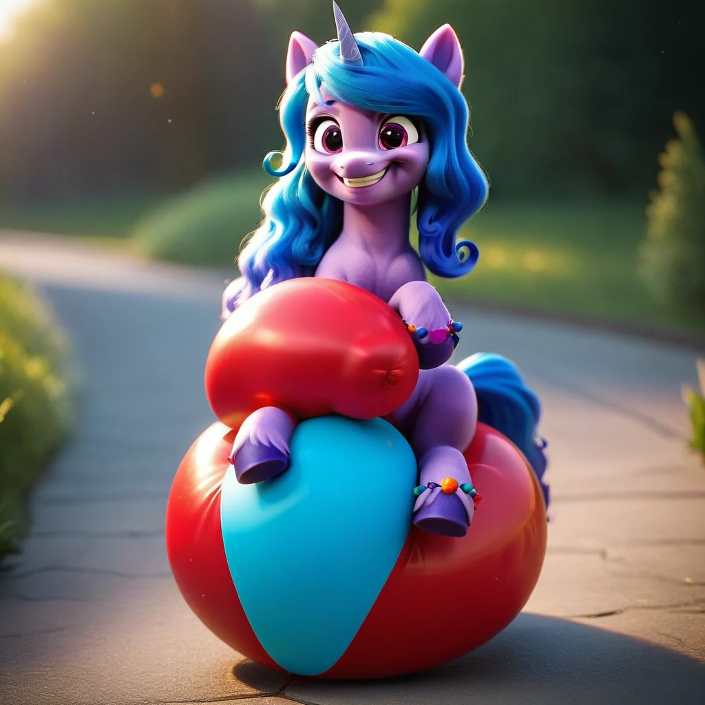 cinematic film still score_9, score_8_up, score_7_up, score_6_up, score_5_up, score_4_up, Digital art, cute, 
Izzy Moonbow, earth pony, muscular, smirking, feral,
rating_questionable,
meadow, 
(balloon fetish, looner, sitting on a balloon, balloon sitting:1.2), 
(detailed balloon, one balloon, sitpop:1.3), 
thick thighs, balloon fetish, sitting on a balloon, one balloon, too heavy,
(tied balloon, tight balloon, necked balloon:1.2), 
foreshortening, depth of field, motion lines, 
emphasis lines, impact emanata,
screencap,  . shallow depth of field, vignette, highly detailed, high budget, bokeh, cinemascope, moody, epic, gorgeous, film grain, grainy