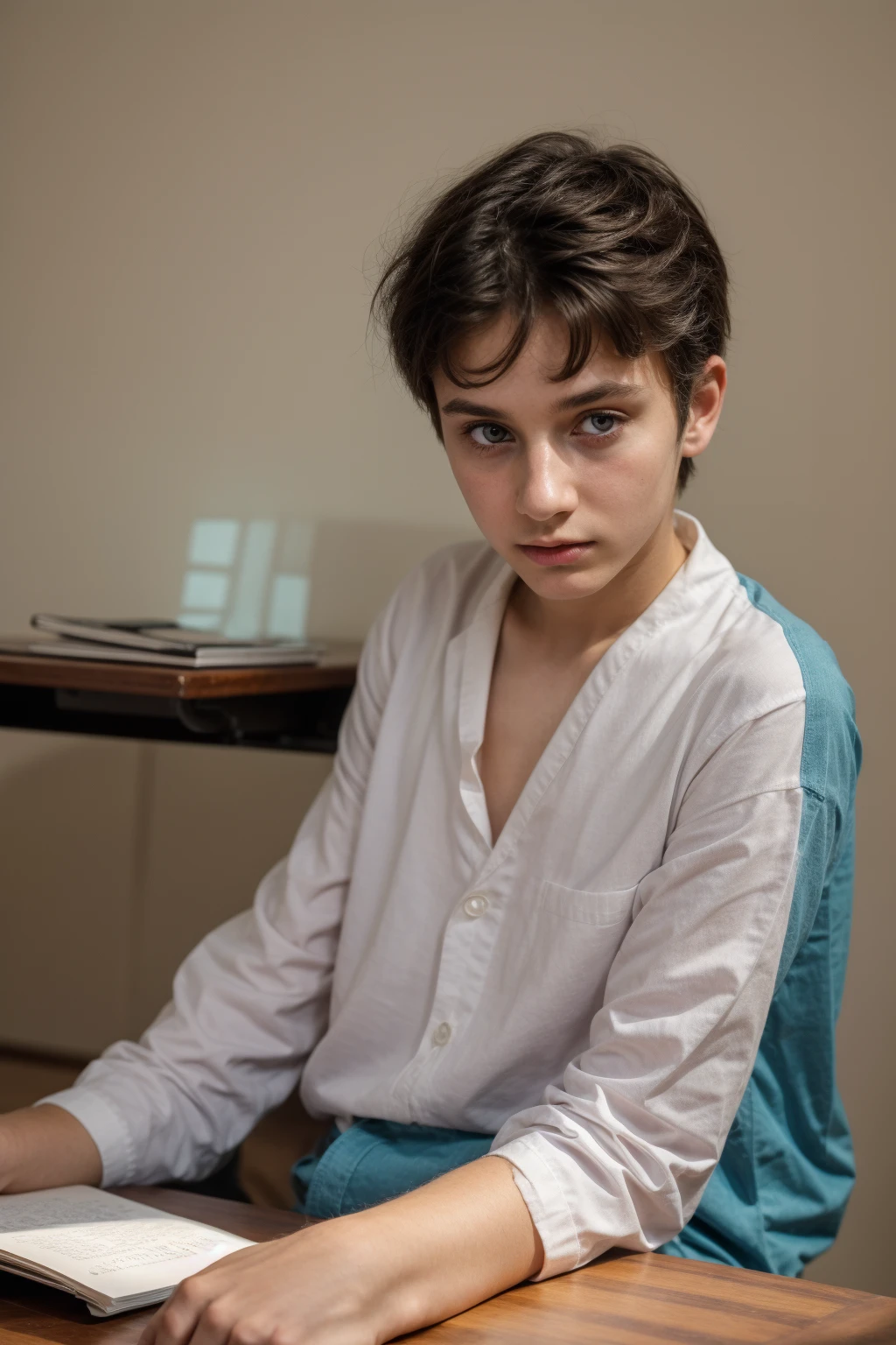 A young male twink boy, cute, beautiful, feminine, with a beautiful face with makeup, black hair, and his eyes have dark circles under them. He is wearing a long-sleeved aquamarine shirt and white jeans. He is in the College of Medicine, studying on the blackboard with brain anatomy written on it. He is sitting at a desk with scientific books on it.  Medical and brain anatomy manuscripts